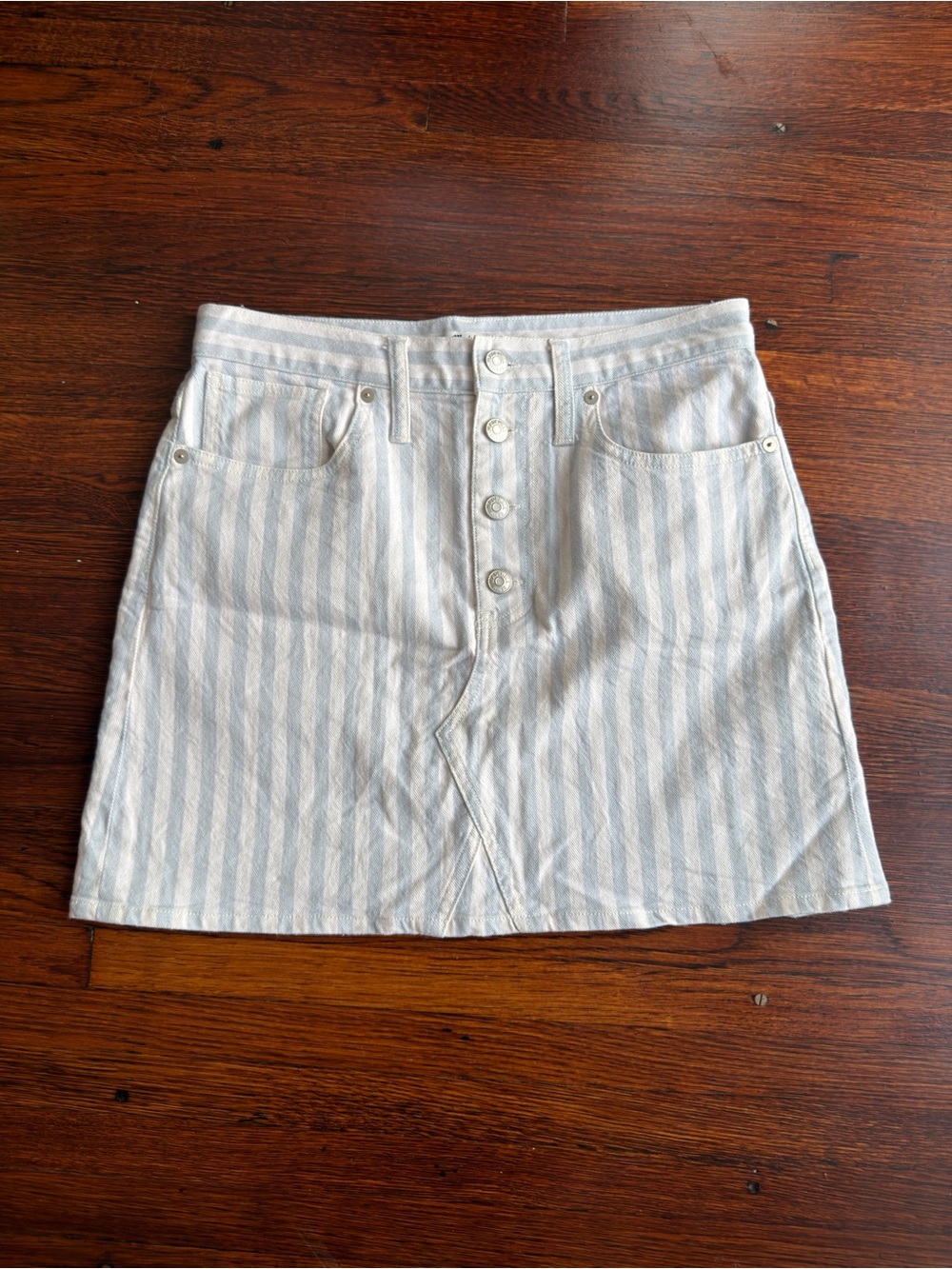 Madewell Striped Button-Front Mini Skirt in Light Blue and White